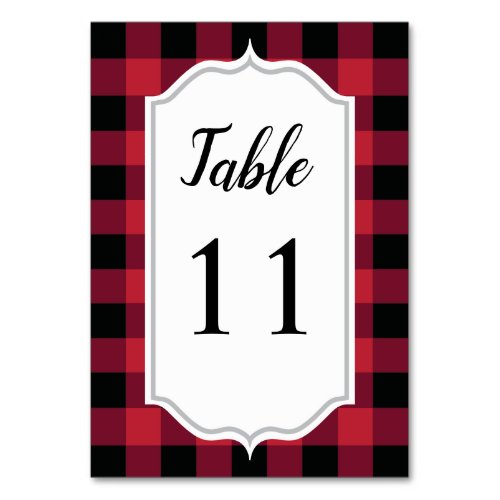 Classic Buffalo Plaid Check Black Red Wedding Table Number