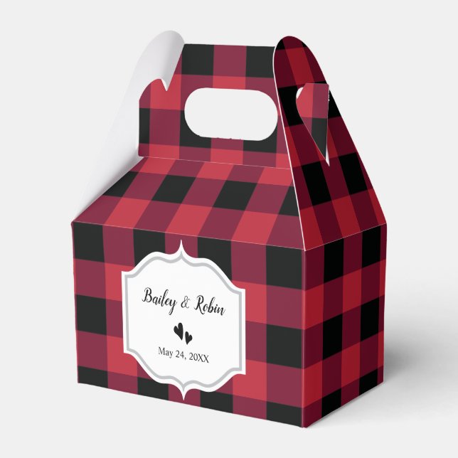 Classic Buffalo Plaid Check Black Wedding Favor Boxes (Front Side)