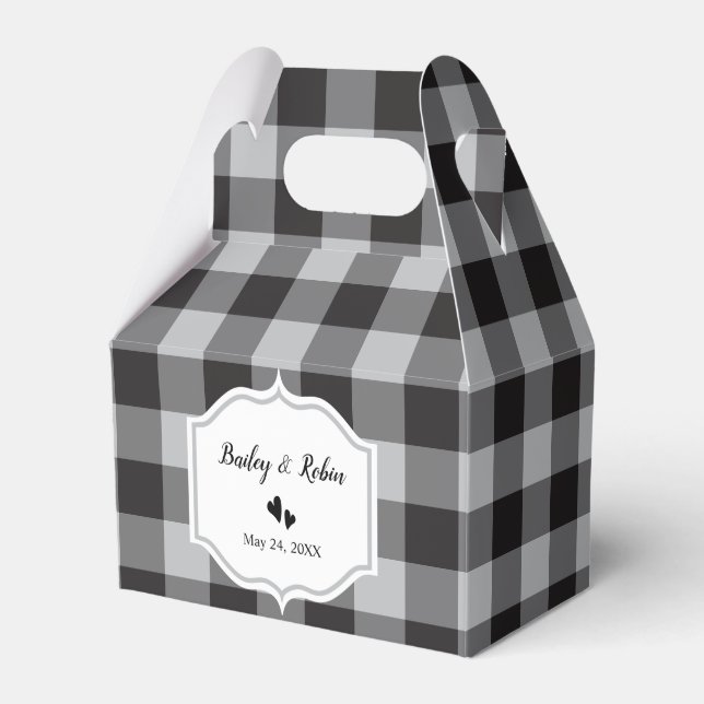 Classic Buffalo Plaid Check Black White Wedding Favor Boxes (Front Side)