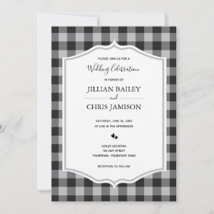 Classic Buffalo Plaid Check Black White Wedding Invitation