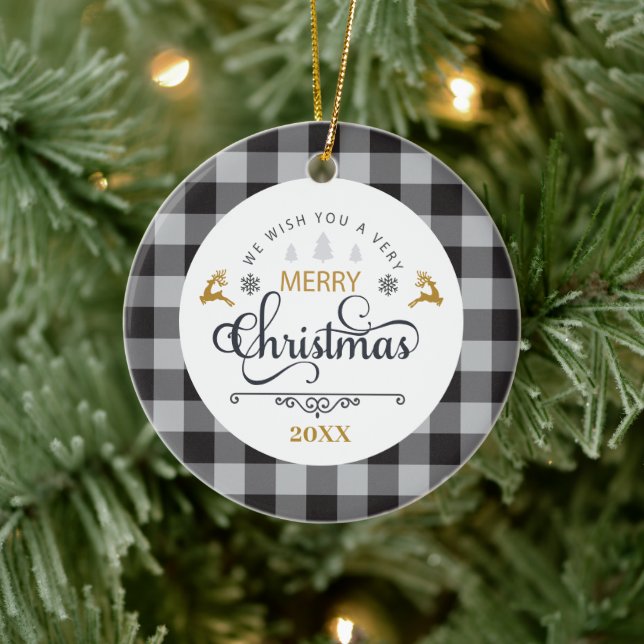 Classic Buffalo Plaid Check Merry Christmas Ceramic Ornament (Tree)