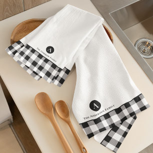 Classic Buffalo Plaid Initial Family Name Kitchen  Towel