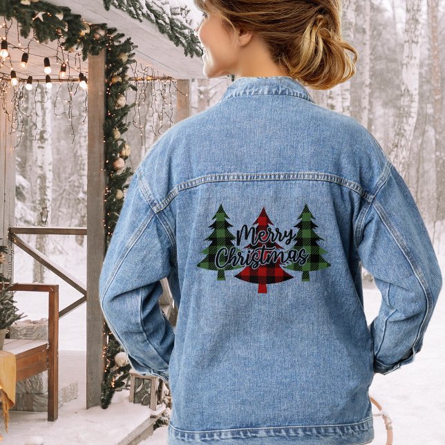 Classic Buffalo Plaid Merry Christmas Trees Denim Jacket (Classic Buffalo Plaid Merry Christmas Trees Denim Jacket)