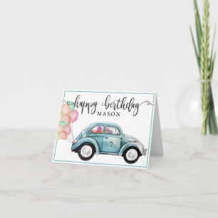 Classic Bug Blue Car with Balloons Birthday Card