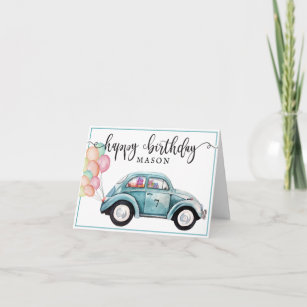 Classic Bug   Blue Car with Balloons   Birthday Card