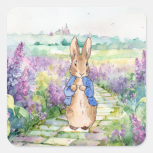 Classic bunny blue jacket with watercolour lilacs square sticker