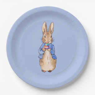Classic bunny in blue holding a birthday cake paper plates