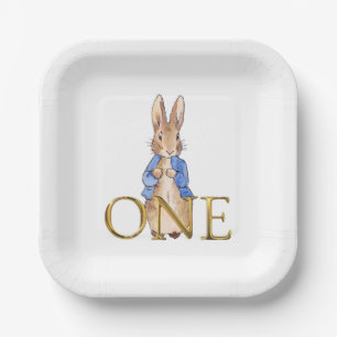 Classic Bunny in blue jacket First Birthday Paper Plates
