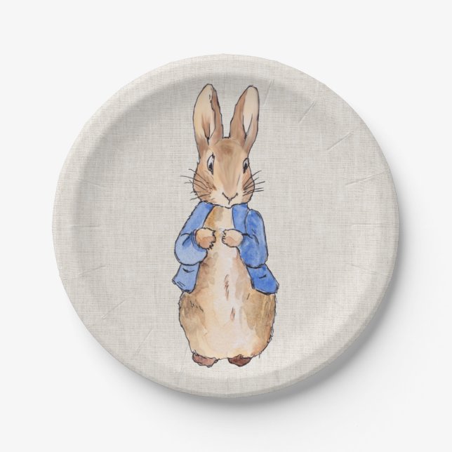 Classic Bunny Rabbit Beige Linen Background Paper Plates (Front)