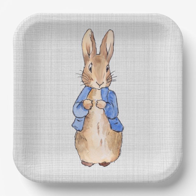 Classic bunny rabbit gray linen background paper plates (Front)