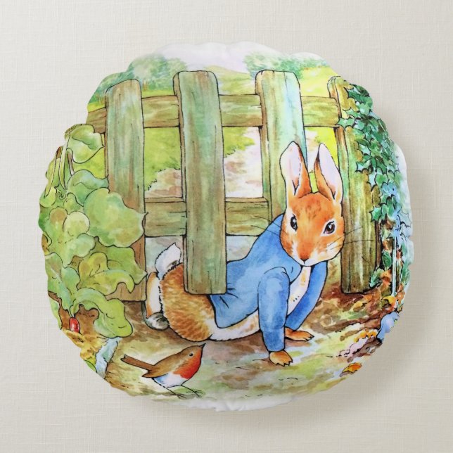 Classic bunny rabbit under the fence round pillow (Front)