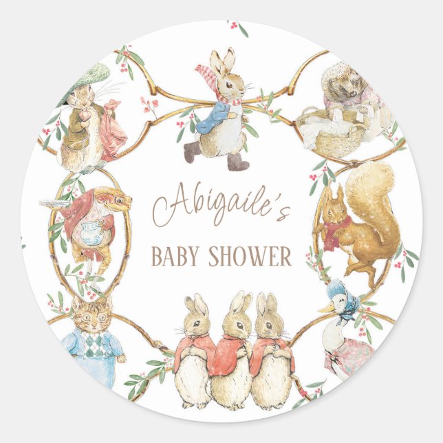 Classic Bunny Rabbit Winter Baby Shower Round Sticker (Front)