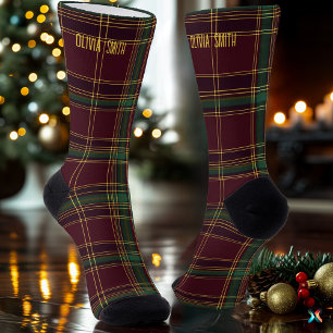Classic Burgundy and Gold Christmas Plaid Custom Socks