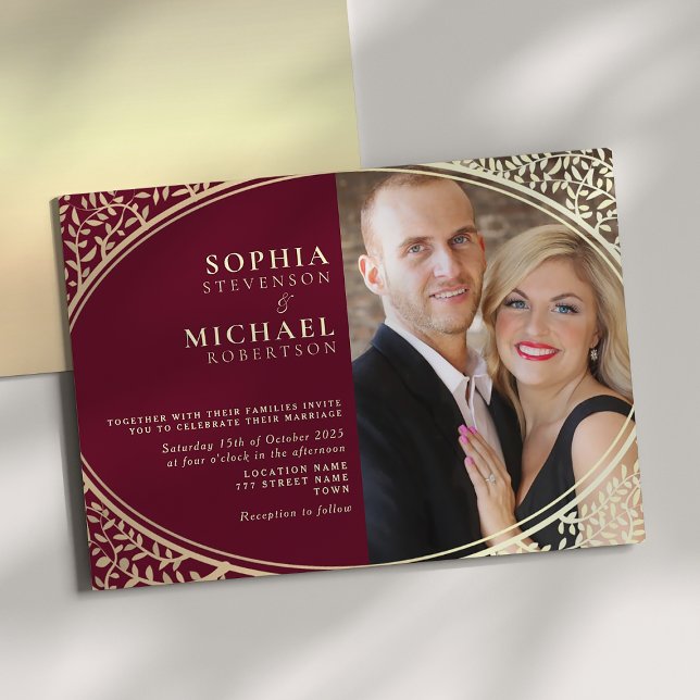 Classic Burgundy and Gold Photo Wedding Invitation (Creator Uploaded)