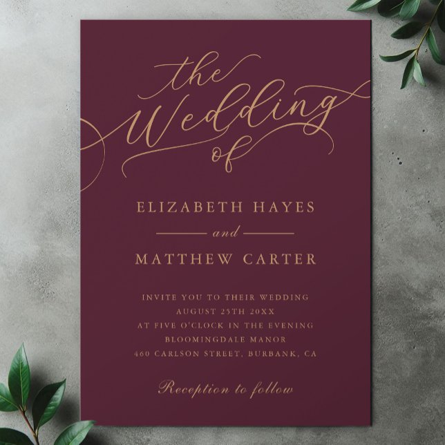 Classic Burgundy and Gold Script Wedding Invitation (Creator Uploaded)