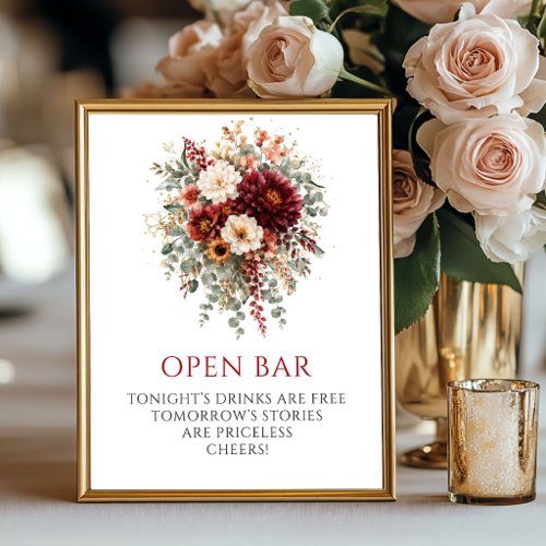 Classic Burgundy Autumn Floral Open Bar Sign