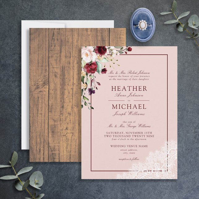 Classic Burgundy Blush Botanical Rustic Wedding Invitation (Creator Uploaded)