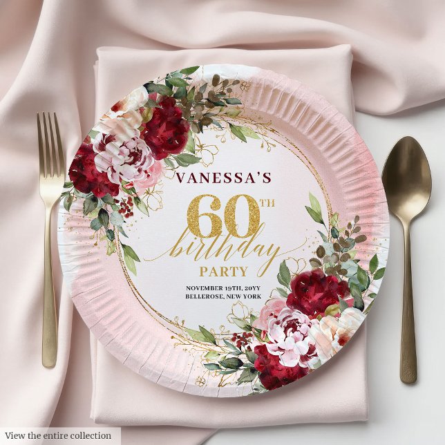 Classic Burgundy Blush Floral 60th Birthday Plates (Classic Burgundy Blush Floral 60th Birthday Plates)