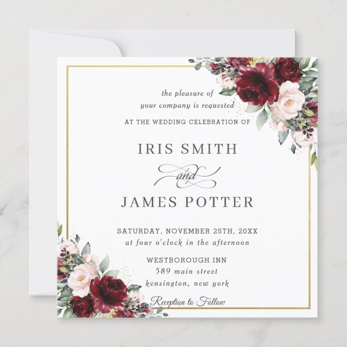 Classic Burgundy Blush Floral Gold Wedding Square Invitation | Zazzle