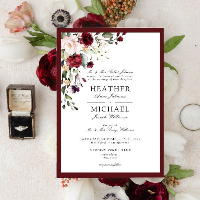 Classic Burgundy Blush Floral Watercolor Script Invitation (Creator Uploaded)