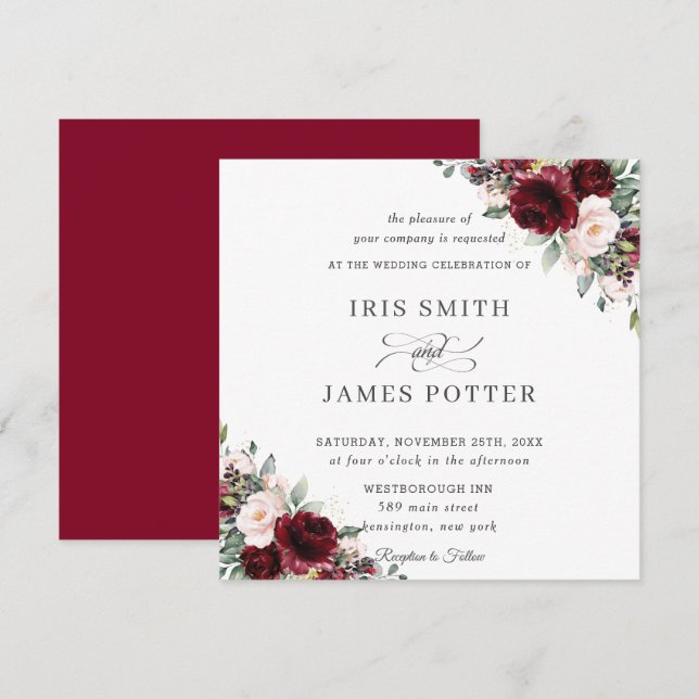 Classic Burgundy Blush Floral Wedding Square Invitation (Front/Back)