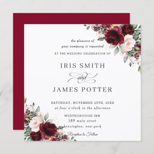 Classic Burgundy Blush Floral Wedding Square Invitation