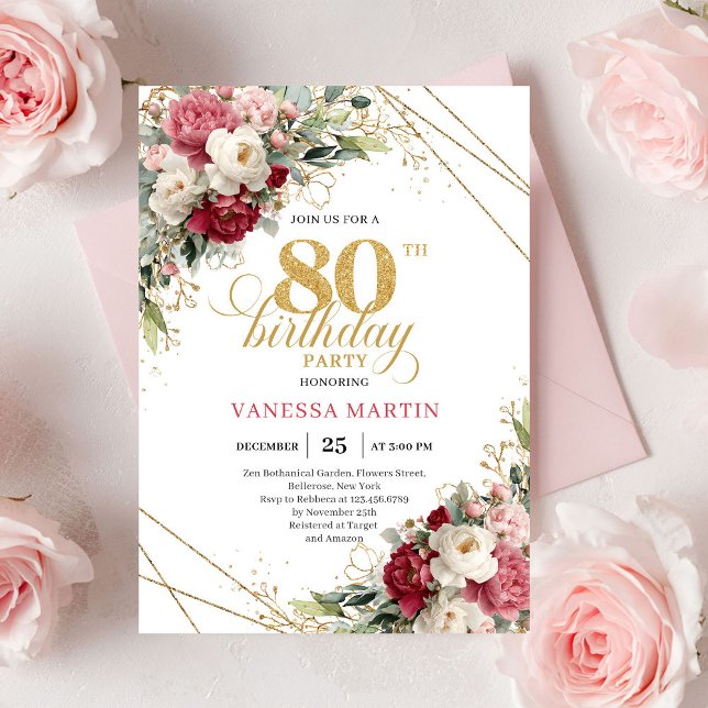 Classic Burgundy Blush Gold 80th Birthday Invite (Classic Burgundy Blush Gold 80th Birthday Invite)