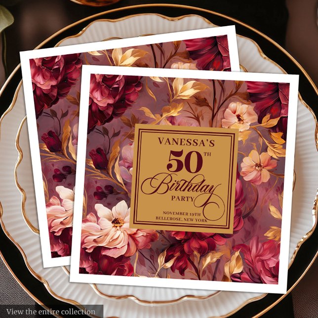 Classic Burgundy Blush Gold Floral 50th Birthday  Paper Dinner Napkins (Classic Burgundy Blush Gold Floral 50th Birthday Paper Dinner Napkins)