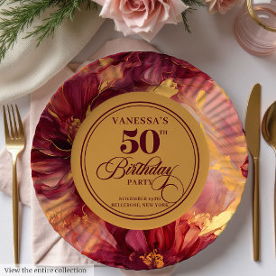 Classic Burgundy Blush Gold Flowers 50th Birthday Paper Plates
