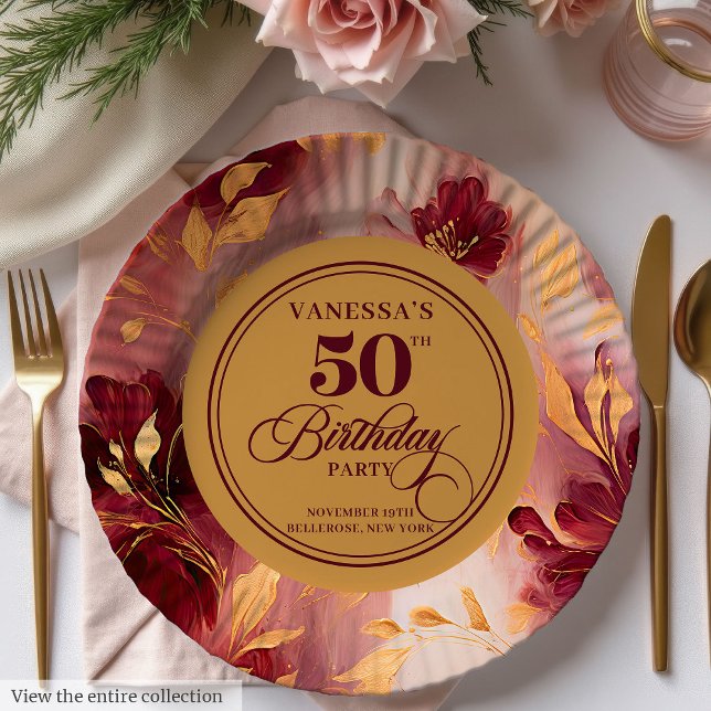 Classic Burgundy Blush Gold Flowers 50th Birthday  Paper Plates (Classic Burgundy Blush Gold Flowers 50th Birthday Paper Plates )