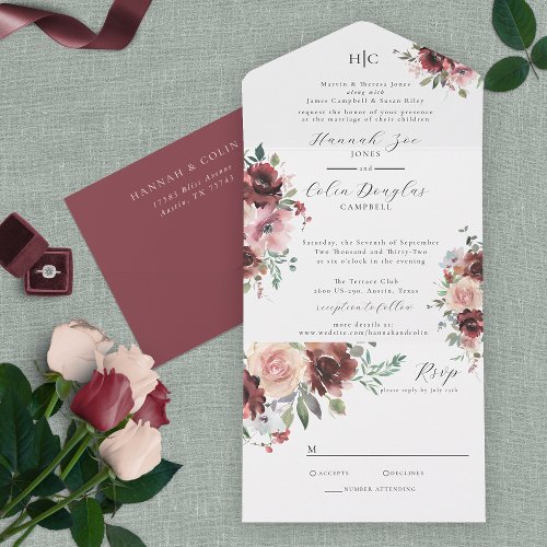 Classic Burgundy Blush Rose  Peony All In One Inv All In One Invitation