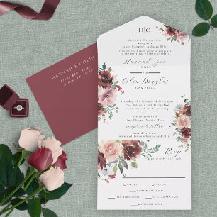 Classic Burgundy Blush Rose & Peony All In One Invitation