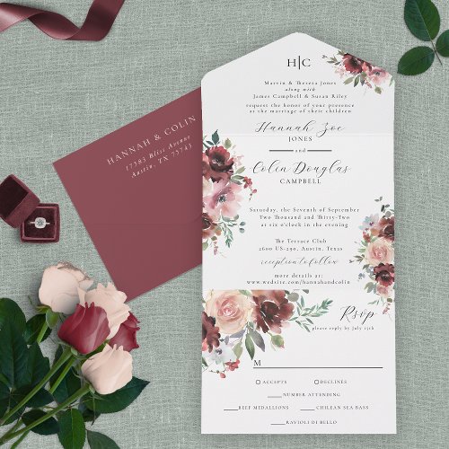 Classic Burgundy Blush Rose  Peony All In One Invitation