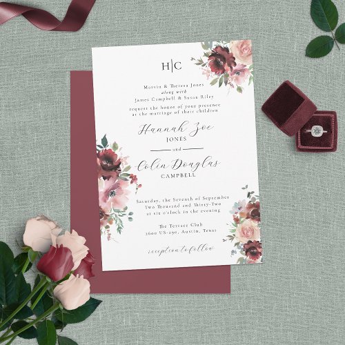 Classic Burgundy Blush Rose  Peony Invitation