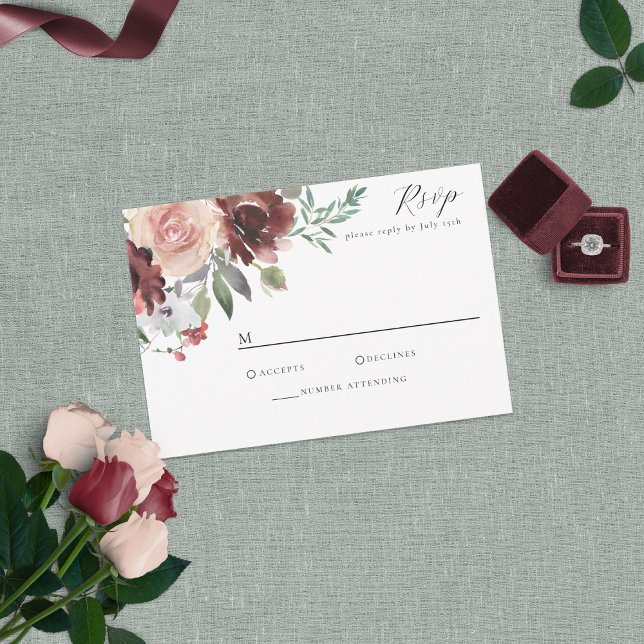 Classic Burgundy Blush Rose & Peony RSVP Card (Creator Uploaded)