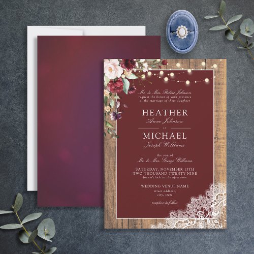 Classic Burgundy Blush Wood Lace Script Wedding Invitation