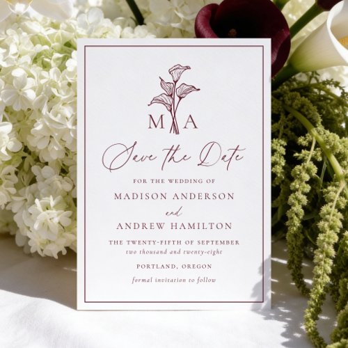 Classic Burgundy Calla Lily Monogram Wedding Save The Date