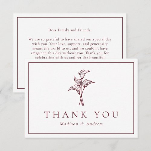 Classic Burgundy Calla Lily Wedding Thank You Card