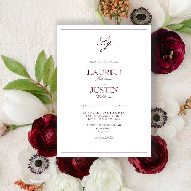 Classic Burgundy Calligraphy Monogram Wedding Invitation (Creator Uploaded)