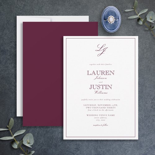 Classic Burgundy Calligraphy Monogram Wedding Invitation