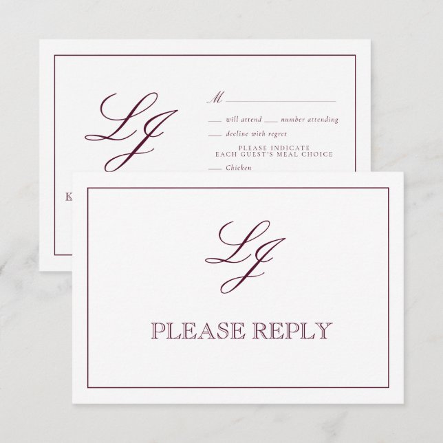Classic Burgundy Calligraphy Monogram Wedding RSVP Card (Front/Back)