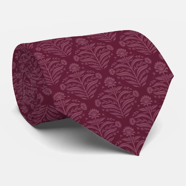 Classic Burgundy Damask Pattern Neck Tie (Rolled)