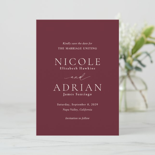 Classic Burgundy Elegant Wedding Save The Date (Standing Front)