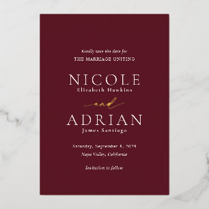 Classic Burgundy Elegant Wedding Save the Date Foil Invitation