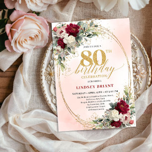 Classic Burgundy Floral Gold 80th Birthday Invite