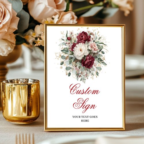 Classic Burgundy Floral Greenery Gold Custom Sign