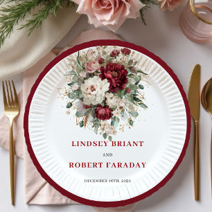 Classic Burgundy Floral Greenery Gold Wedding Paper Plates