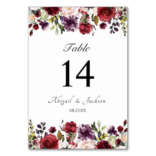 Classic Burgundy Floral Wedding Reception Seating Table Number