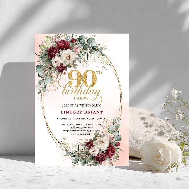 Classic Burgundy Flowers Gold 90th Birthday Invite (Classic Burgundy Flowers Gold 90th Birthday Invitation)