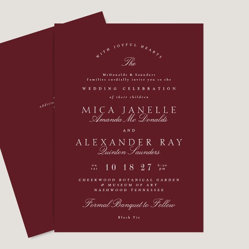 Classic Burgundy Formal Maroon Elegant Wedding Invitation